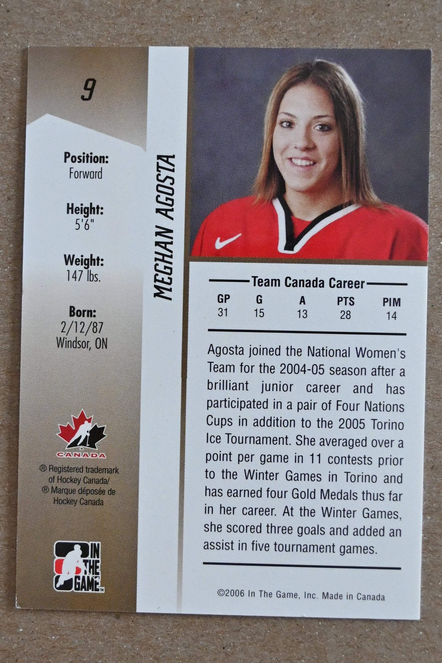 2006-07 In The Game Going For Gold Canadian Women's National Team #9 Meghan Agosta