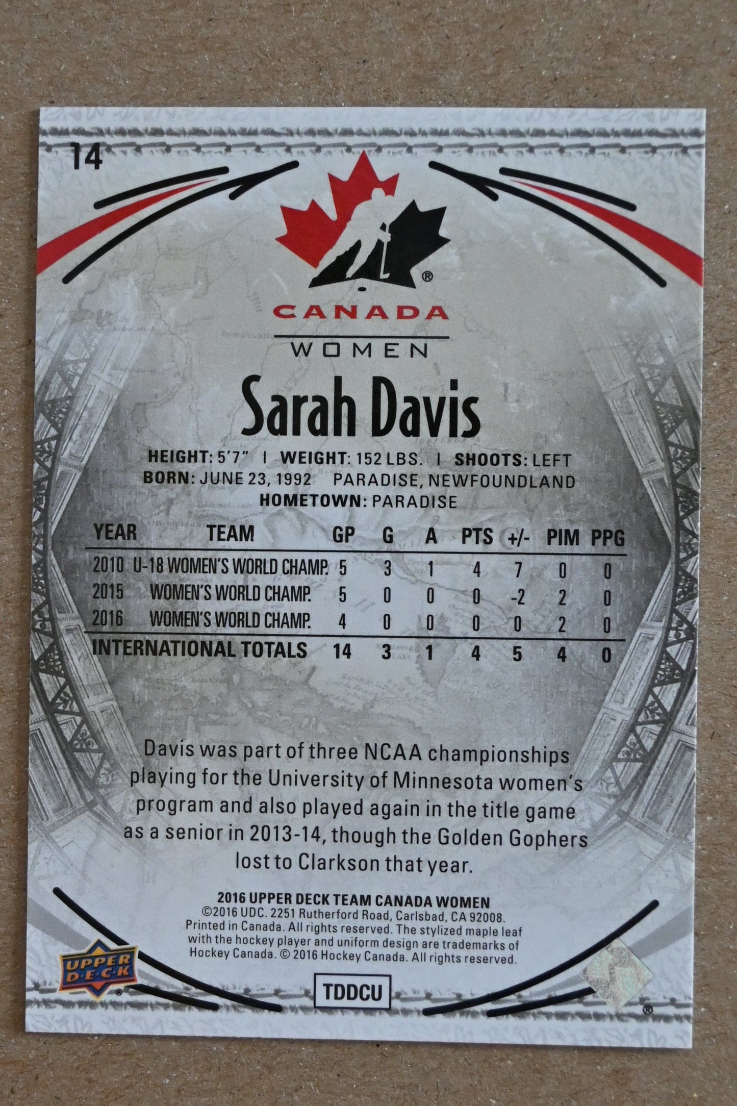 2016 Upper Deck Team Canada Juniors - Gold #14 Sarah Davis