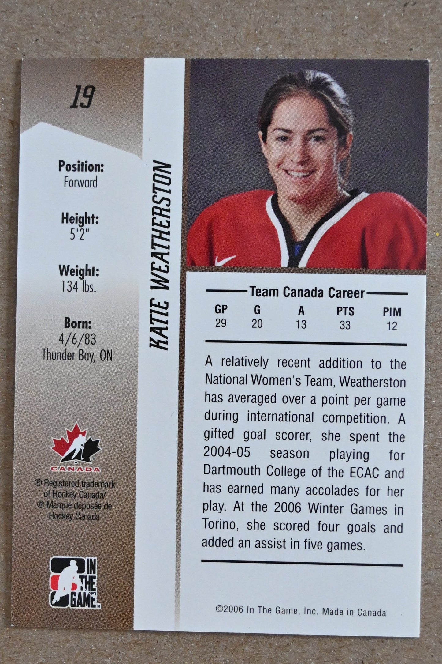 2006-07 In The Game Going For Gold Canadian Women's National Team #19 Katie Weatherston