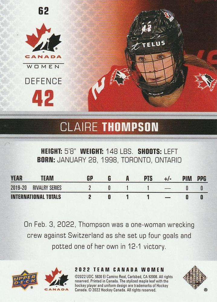 2022-23 Upper Deck Team Canada Juniors #62 Claire Thompson