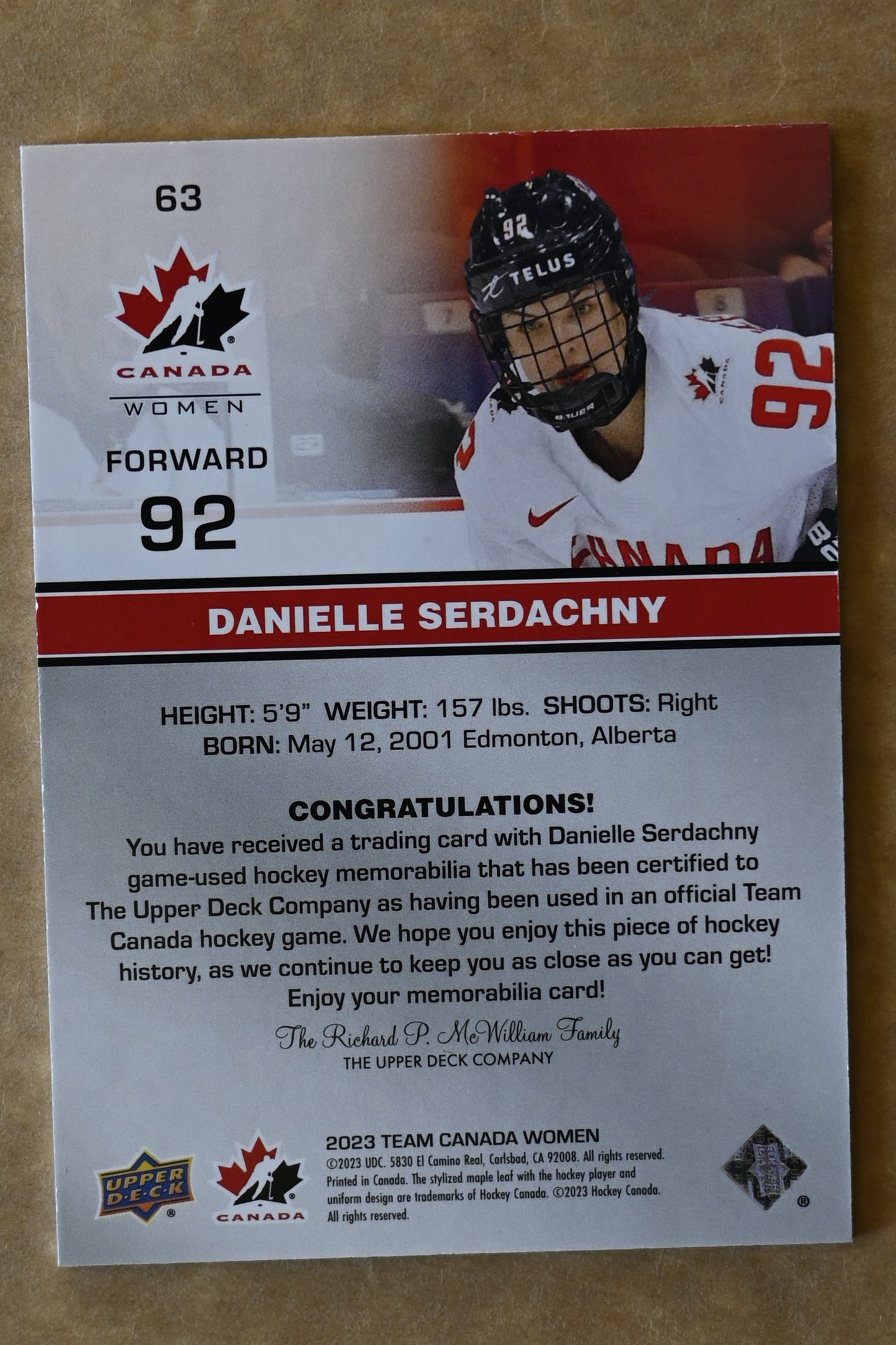 2023 Upper Deck Team Canada Juniors - Jersey #63 Danielle Serdachny