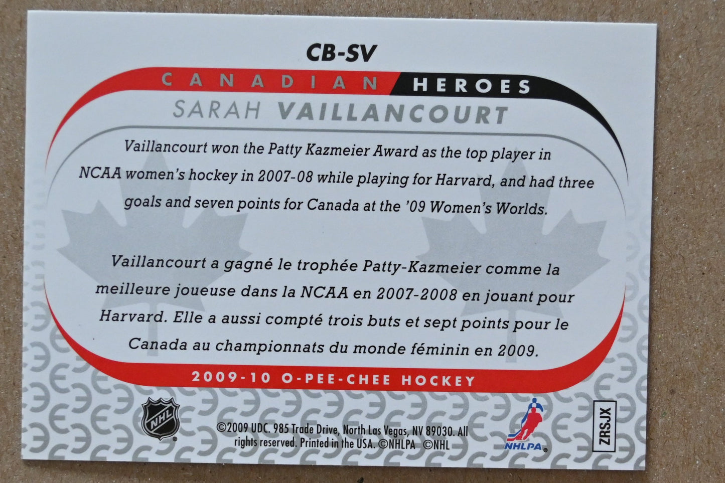 2009-10 O-Pee-Chee - Canadian Heroes #CB-SV Sarah Vaillancourt