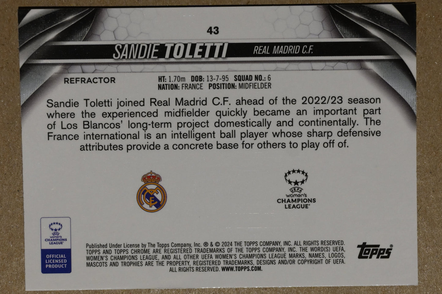 2023-24 Topps Chrome UEFA Women's Champions League #43 Sandie Toletti
