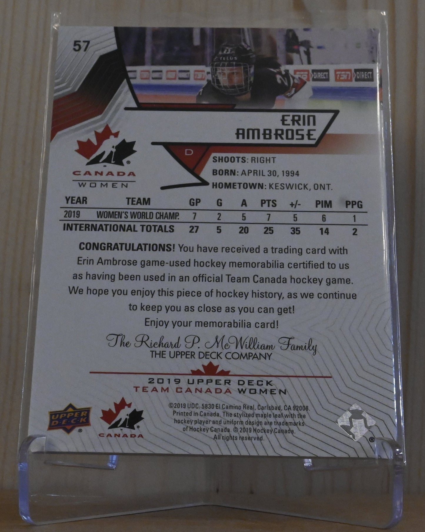 2019 Upper Deck Team Canada Juniors - Jersey #57 Erin Ambrose