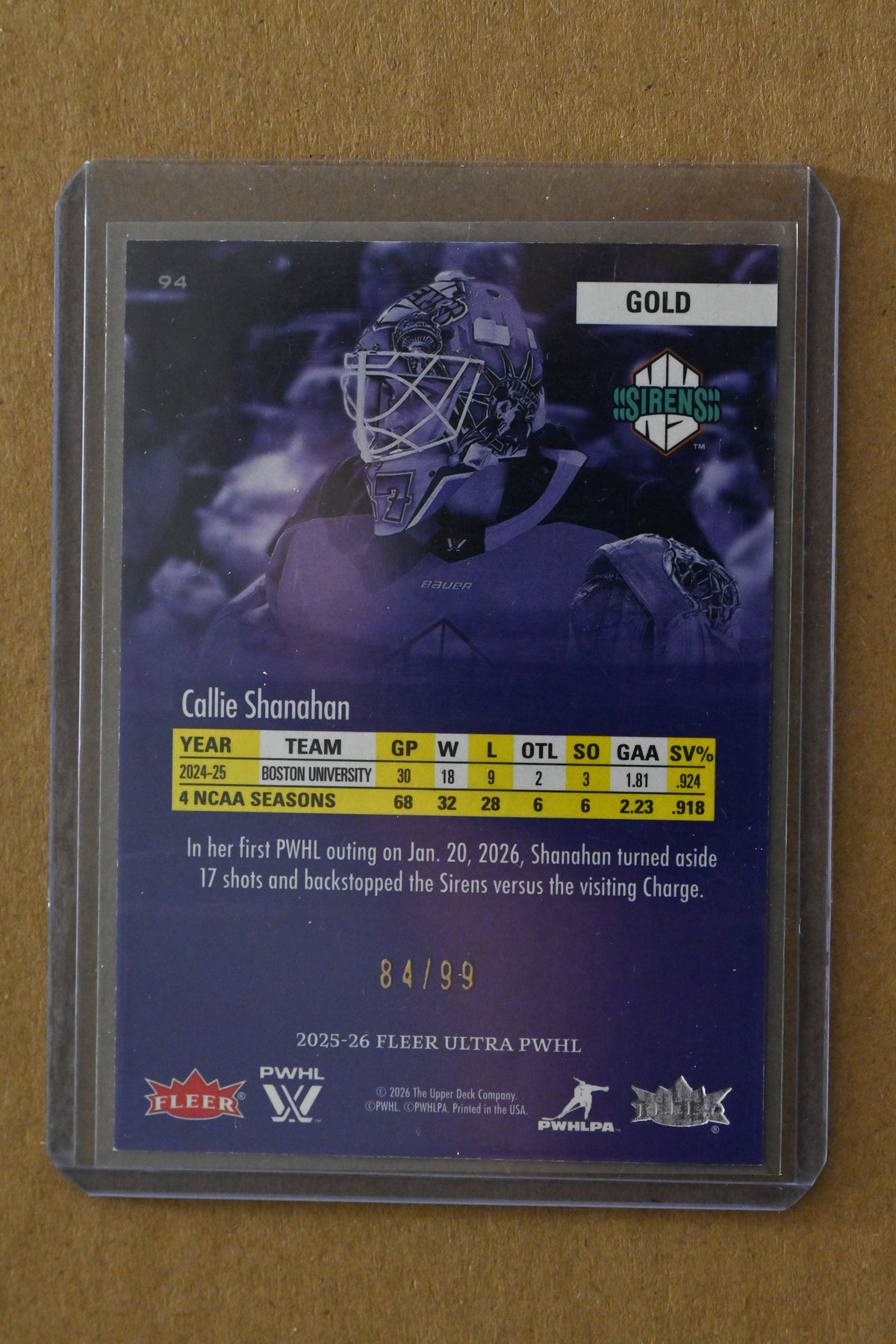 2025-26 Fleer Ultra PWHL - 1999 Variant Gold #94 Callie Shanahan