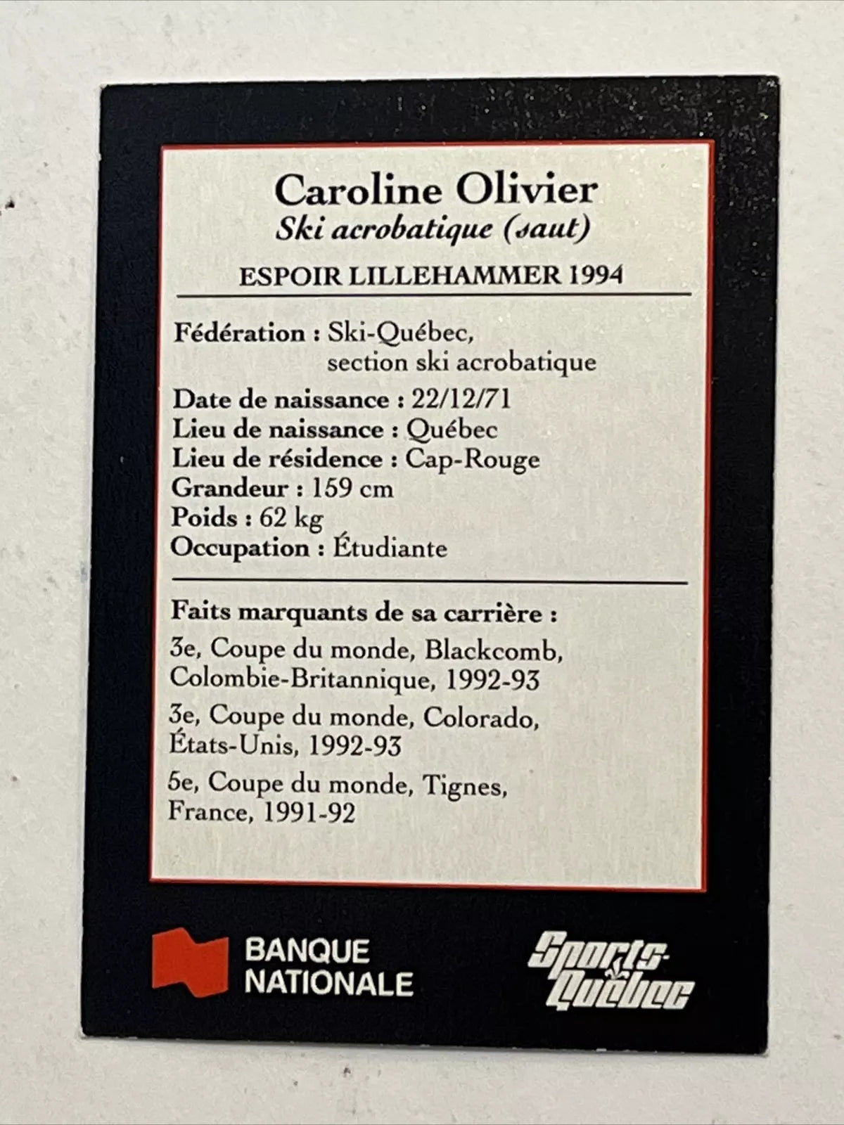 1994 Sports Quebec Espoirs Olympiques d'hiver Quebecois #NNO Caroline Olivier