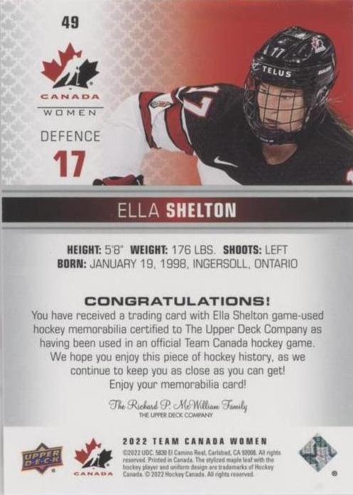 2022-23 Upper Deck Team Canada Juniors - Jersey #49 Ella Shelton