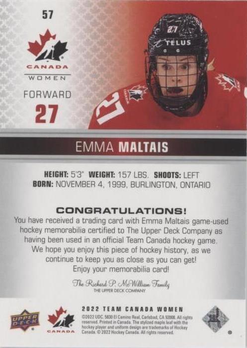 2022-23 Upper Deck Team Canada Juniors - Jersey #57 Emma Maltais