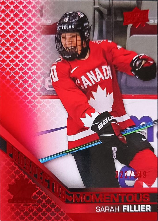 2022-23 Upper Deck Team Canada Juniors - Prospectus Momentous Electric Red #PM-49 Sarah Fillier (356/549)