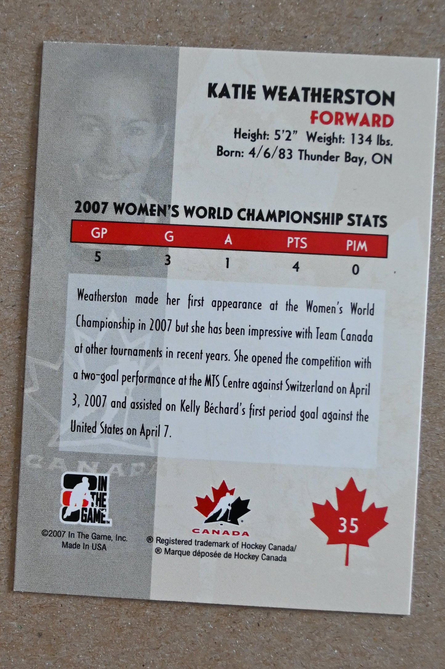 2007-08 In The Game O Canada #35 Katie Weatherston