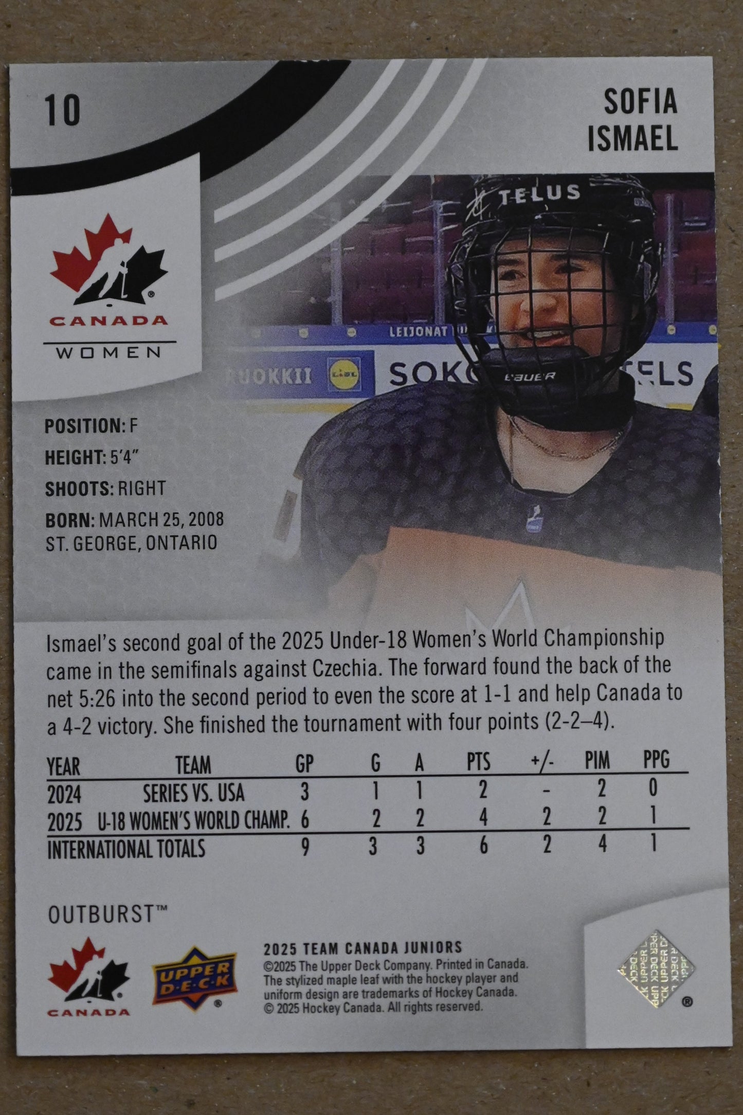 2025 Upper Deck Team Canada Juniors - Outburst #10 Sofia Ismael